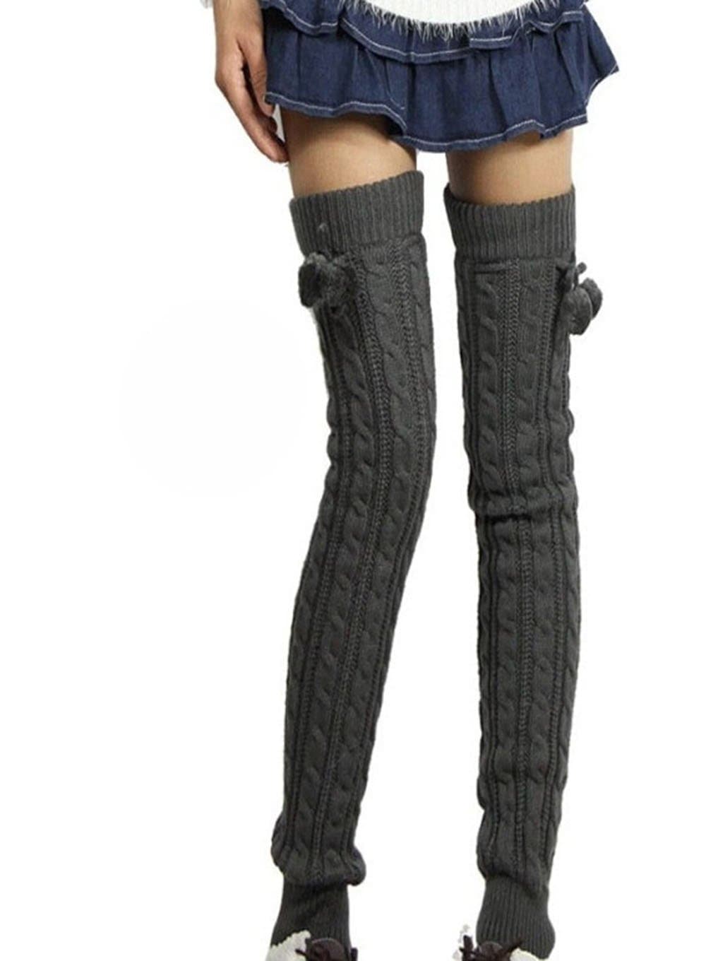 Bronze Times Cable Khit Soft Thickness Over Knee Thigh-High Hosiery Socks Leg Warmer Grey