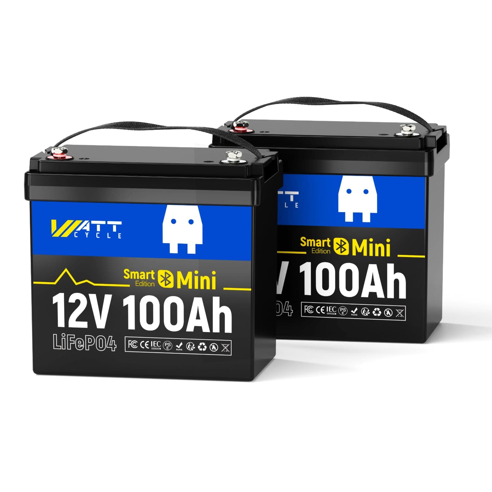 Deep Cycle Battery with Bluetooth, 12 V 100 Ah Mini BT LiFePO4 Battery, Lithium Battery with Bluetooth, Lightweight and Compact, Use of EVE Grade A+ Cells (12V100miniBT-2-Pack)