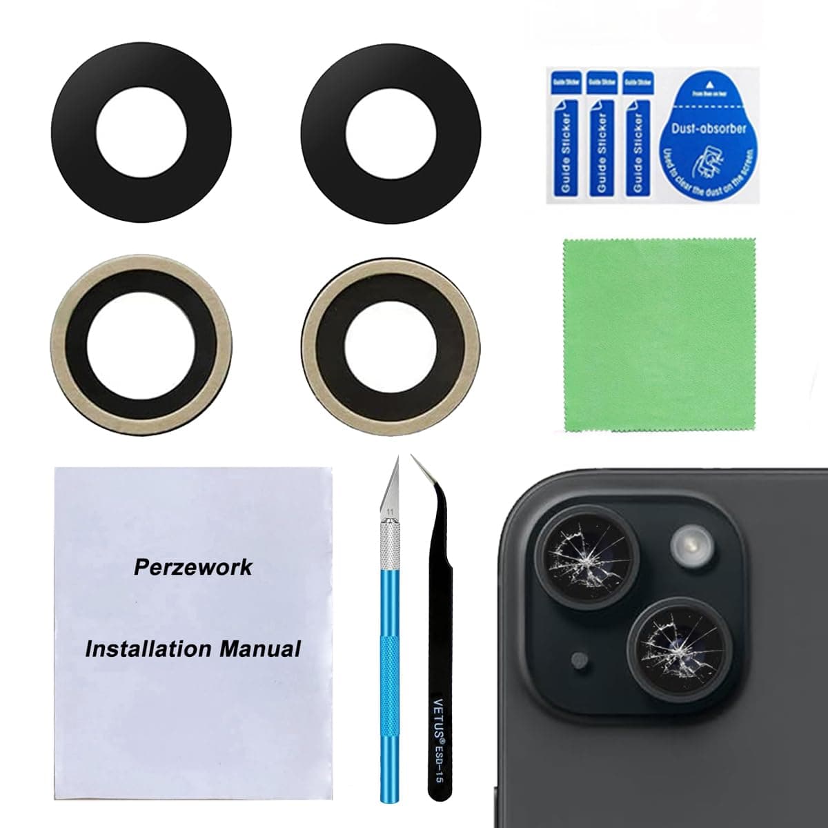 OEM Back Rear Camera Lens Glass Replacement for iPhone 15 and iPhone 15 Plus with pre-Installed Adhesive and Reparing Toolkit