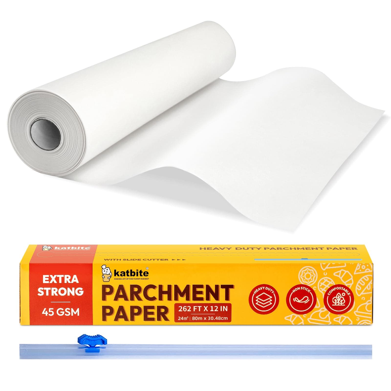 Katbite Heavy Duty Parchment Paper Roll for Baking, 12 in x 164 ft Non-Stick Baking Paper for Cooking, Baking Cookies, Grilling, Air Fryer and Steaming (1Pack)