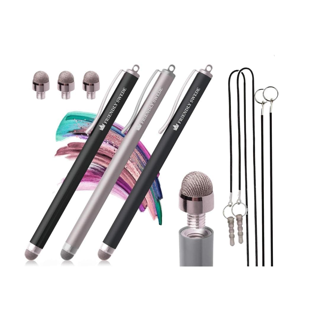 The Friendly Swede Micro-Knit Mesh Tip Capacitive Stylus Pens for Touch Screens with Replaceable Fiber Tip, Stylus Pen for iPad, iPad Pen, iPad Stylus, Styluses, Stylus Pen for iPhone (3 Pack)