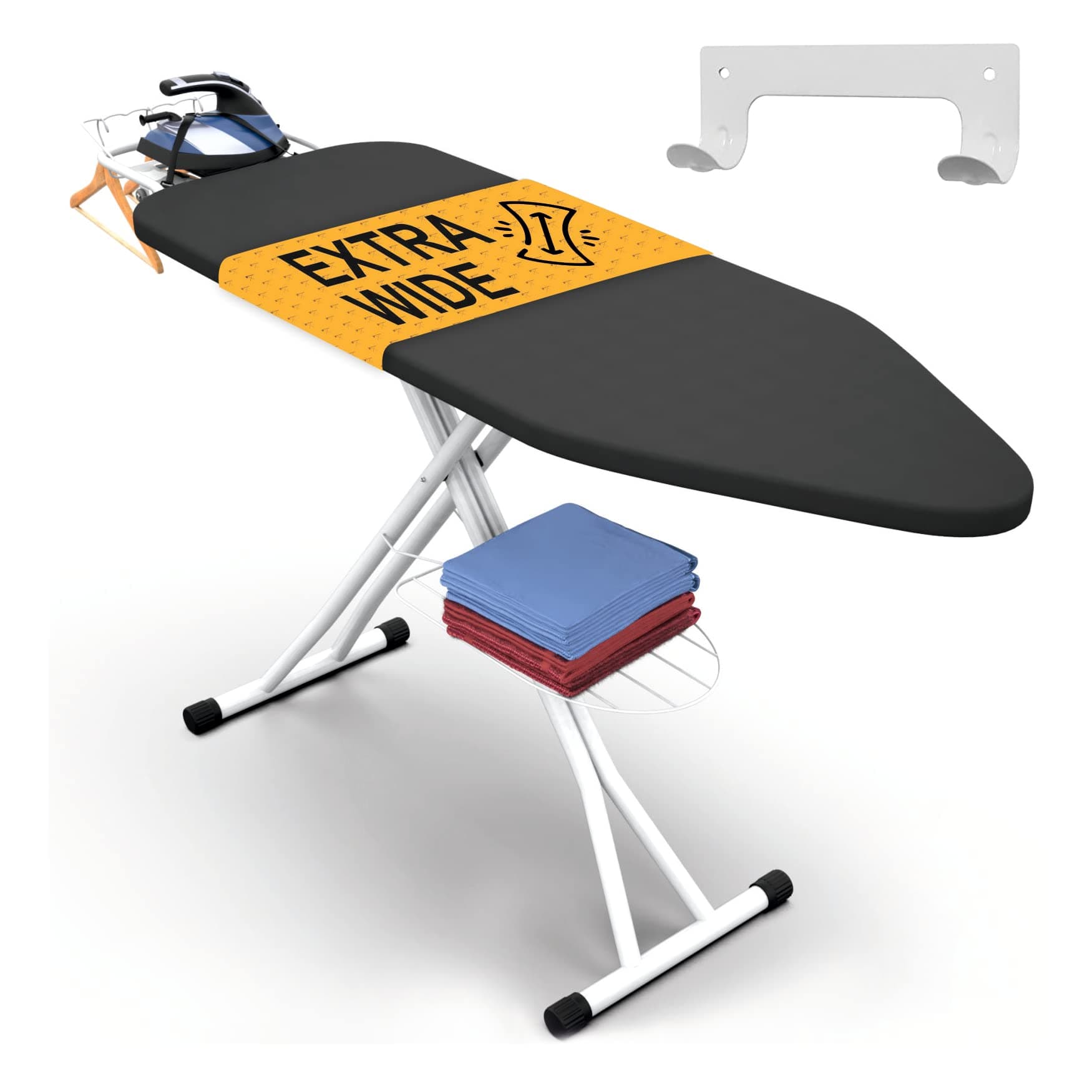 Xabitat Full Size Ironing Board 57" X 18" with Wall Mount Hanger, Full Metal Construction Iron Board, Built in Iron Caddy, Heat & Scorch Resistant Fabric, Cord Holder, Anti-Skid Feet, Heavy Duty