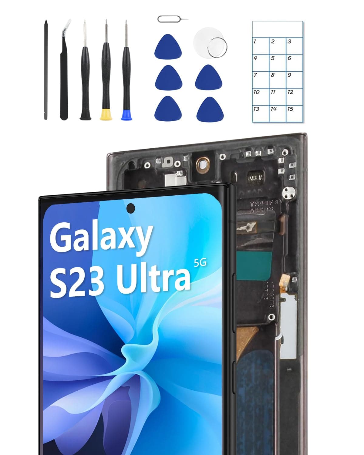 OLED for Samsung Galaxy S23 Ultra 5G Screen Replacement OLED Display Touch Screen Digitizer Assembly Supports Fingerprint with Frame + Tools + Replacement Guide (Black)