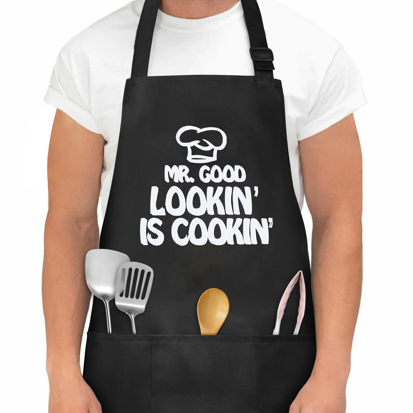Kitchen Apron Couple Chef Aprons, Adjustable Bib Apron with 3 Pockets, Waterproof, Black, Unisex-Adults, Seniors, Retirees, Home Cooks
