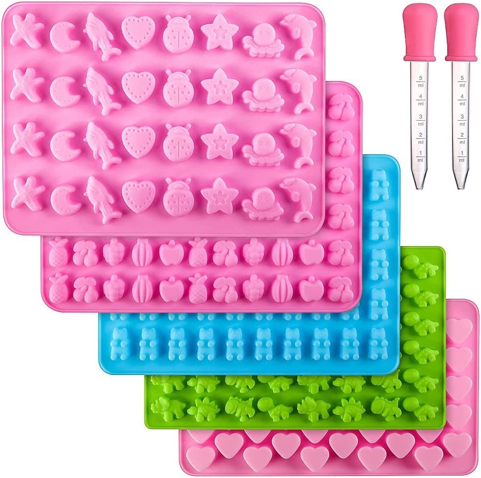 5Pcs Silicone Gummy Candy Molds, Mix Mini Size Fruit Chocolate Molds Jelly Trays Mold Set with 2Pcs Dropper, Bear Weed Heart Shape Candy Moulds Maker Set for Ice Soap Wax Baking DIY Tool
