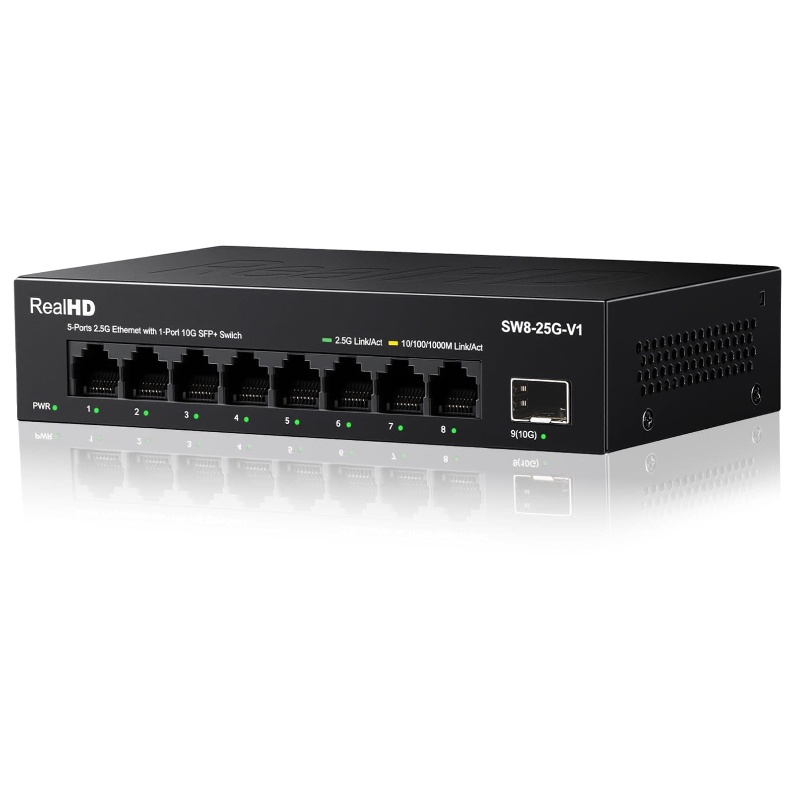 8 Port 2.5G Ethernet Switch Unmanaged Network Switch with 8 x 2.5 Gigabit | 1 x 10G SFP+ | Work with 10-100-1000Mbps Devices | 60G Bandwidth | Plug & Play | Fanless Quiet Metal Internet Switch