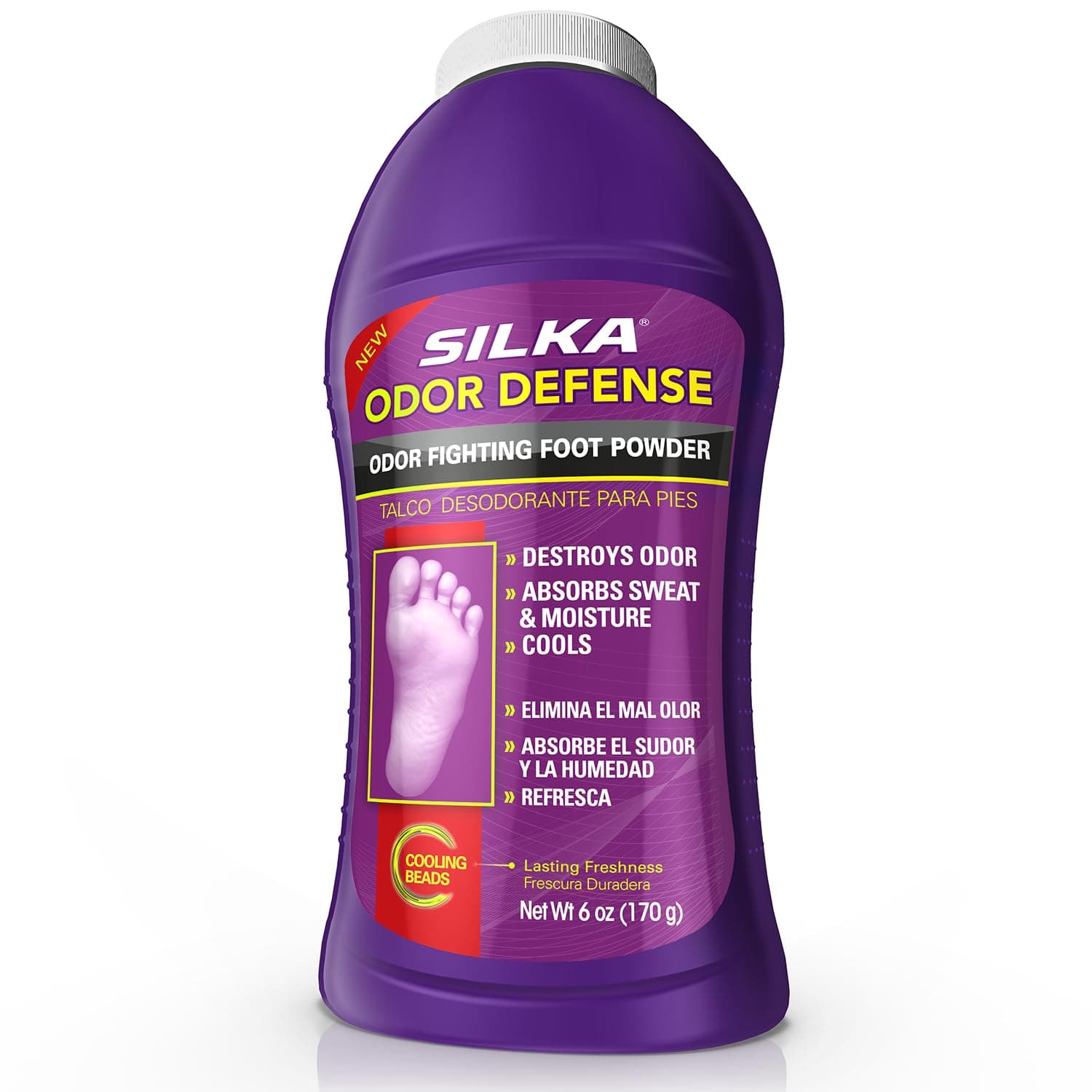 SILKA Odor Fighting Foot Powder & Shoe Deodorizer with Corn Starch Powder, Talc & Cooling Beads for Lasting Freshness, Absorbs Sweat & Excess Moisture, 6 Oz