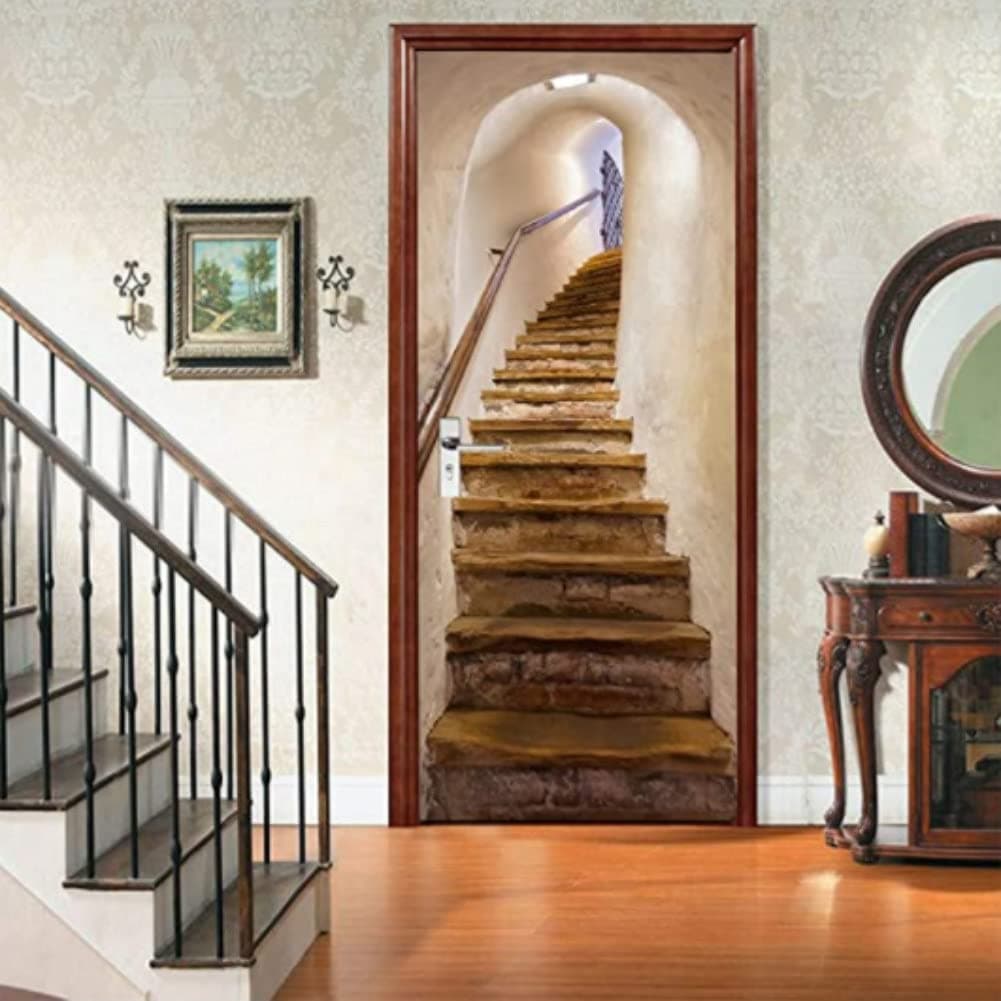2PCS 3D Door Stickers for Interior Doors Three-Dimensional Staircase Stickers Removable DIY Renovation Wallpaper Bedroom Office Bathroom Home Improvement