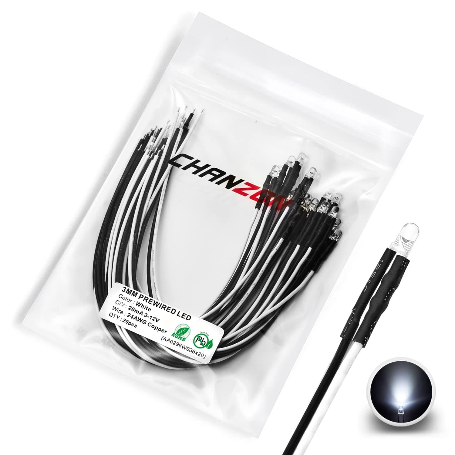 20 pcs Pre-Wired 3mm White LED Diode Lights (Clear Round Transparent Lens DC 12V) with 560 ohms 1/4W Resistor and 24awg Wire Indicator Light Emitting Diodes Lighting Bulb Lamp