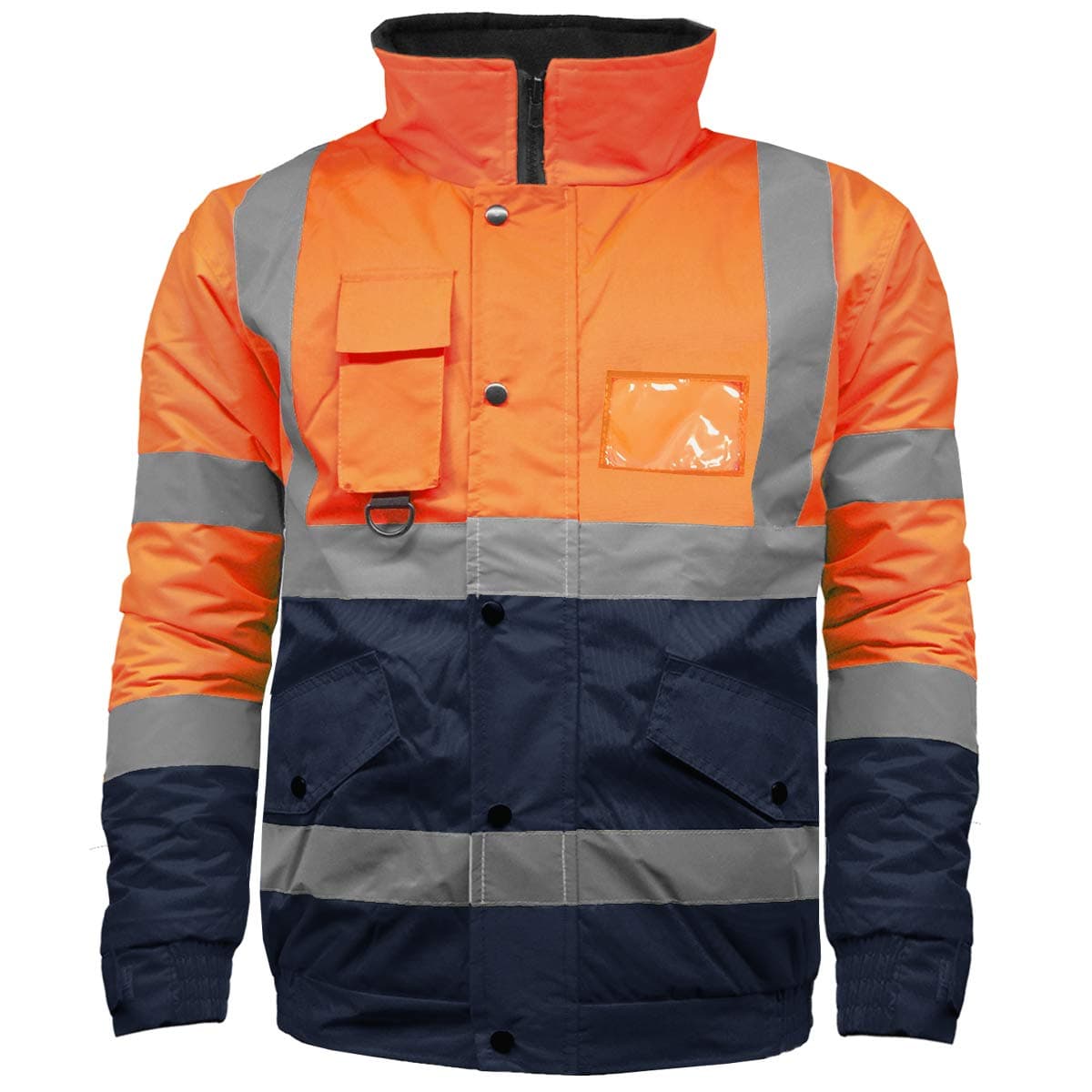 Hi Vis High Visibility Safety Security Reflective Protective Waterproof, Windproof Padded Workwear Bomber Jacket Coat With Concealed Hood Available In Orange, Yellow, Black and Contrast.