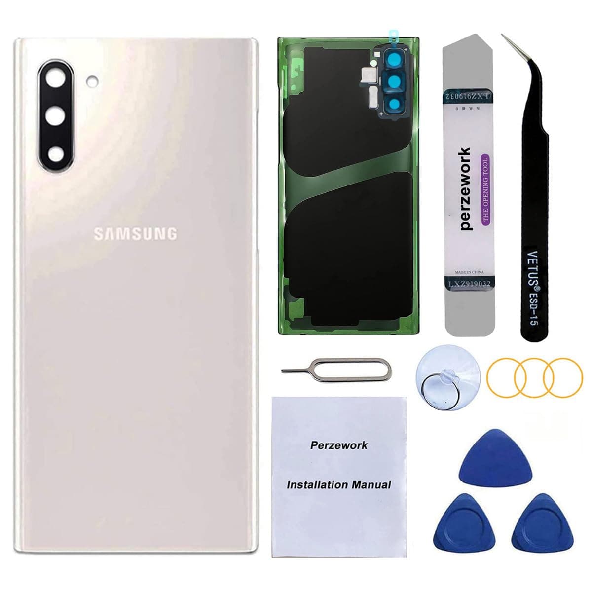 Rear Back Glass Replacement for Samsung Galaxy Note 10 6.3 inches with Reparing Toolkit and Pre-Installed Adhesive (Aura White)