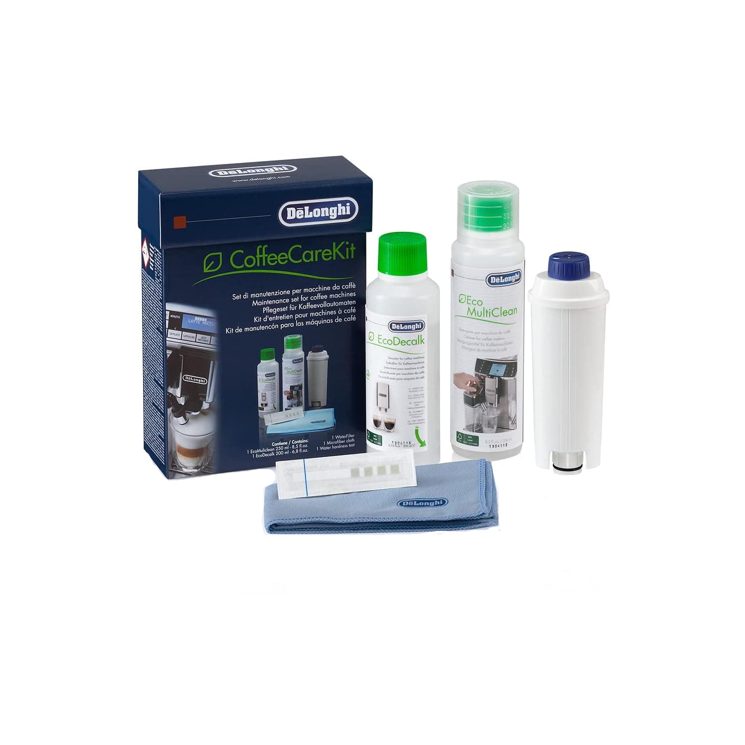De'Longhi Brand Original Coffee Care Kit, Maintenance Set with Water Filter, 200ml EcoDecalk, 250ml Eco MultiClean, Microfibre Cloth & Water Hardness Test for Automatic Coffee Machines, DLSC306