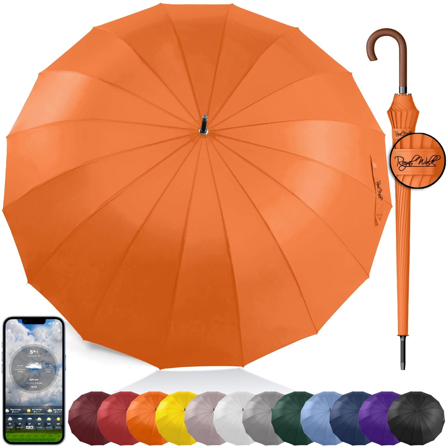 Royal Walk Large Umbrella for Two, 54 Inch Automatic Open, Windproof, Wind Resistant, Fast Drying, Strong 16 Ribs, Travel 120cm, Orange