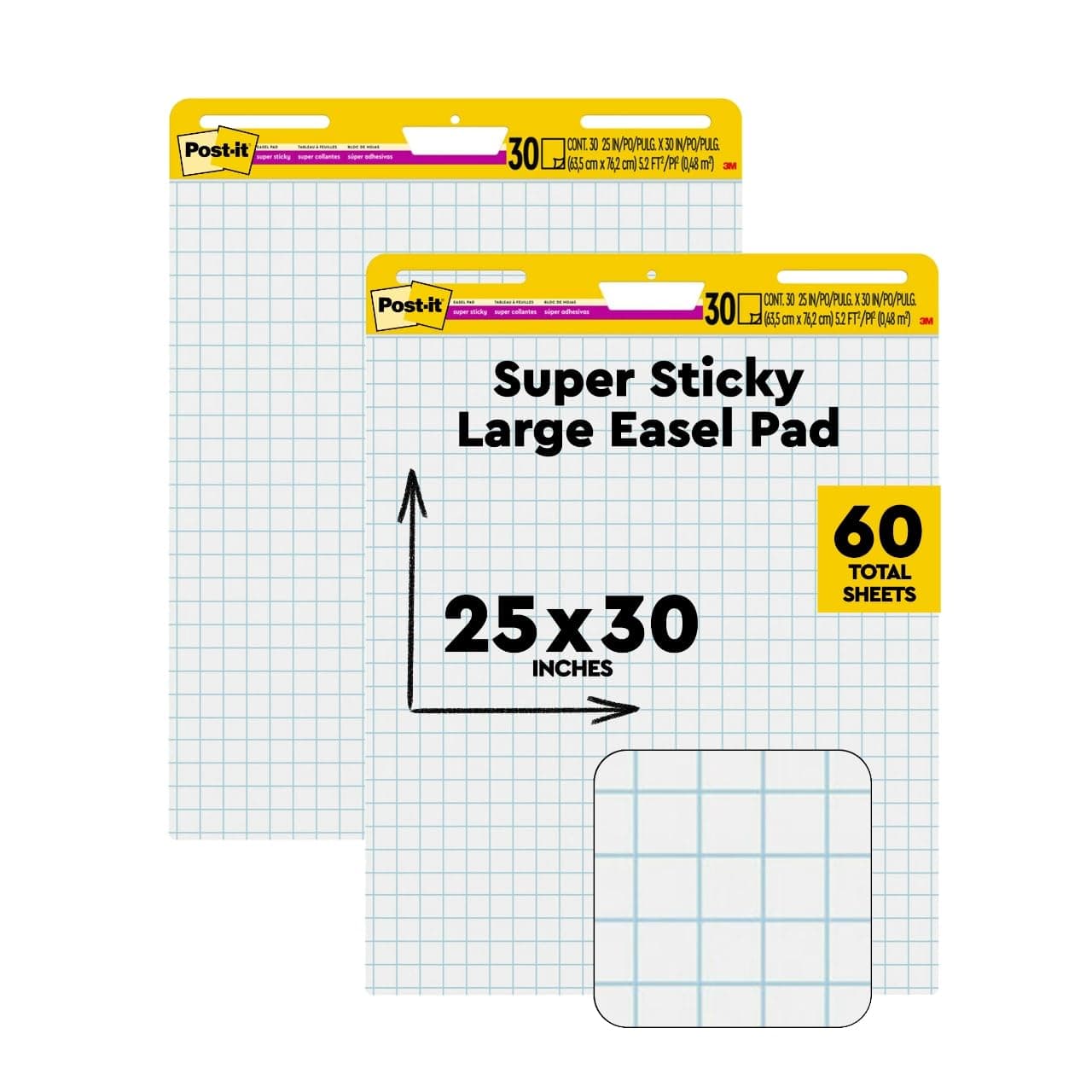 Super Sticky Easel Pad, 25 x 30 Inches, 30 Sheets Per Pad, 4 Pads, Large, White Grid, Premium Self Stick Flip Chart Paper, Super Sticking Power