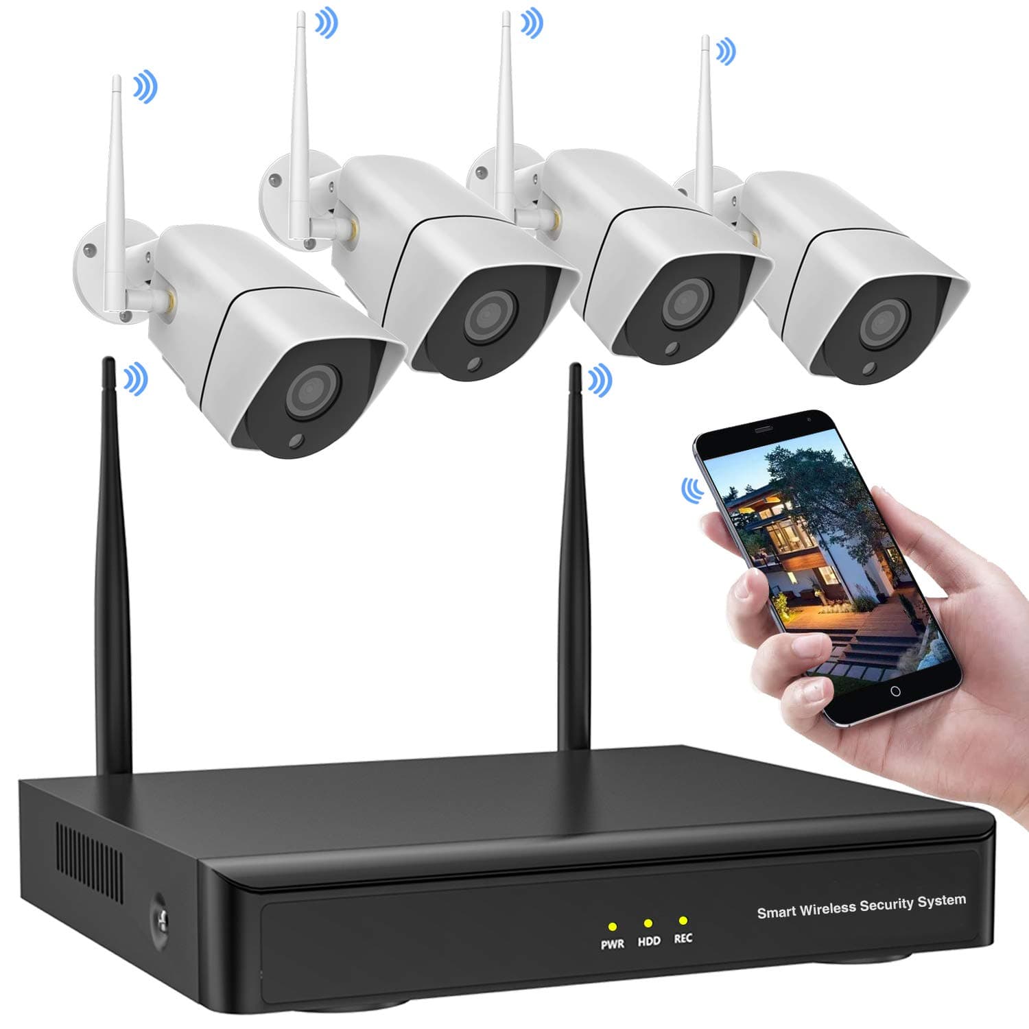 Firstrend Wireless Security Camera System 1080P NVR System with 4PCS 1MP HD Indoor Outdoor Security Cameras 65ft Night Vision Home Surveillance Camera System Without Hard Drive