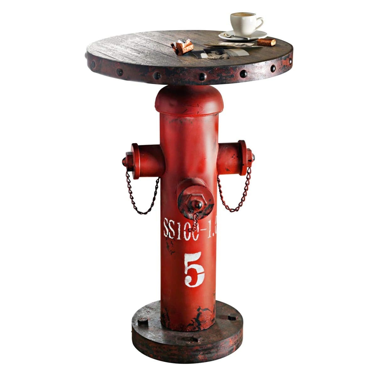 Pureday Fireplug Hydrant Industrial Style Side Table Shabby Chic Metal / Wood Red Approx. 79 cm High 50 cm Diameter
