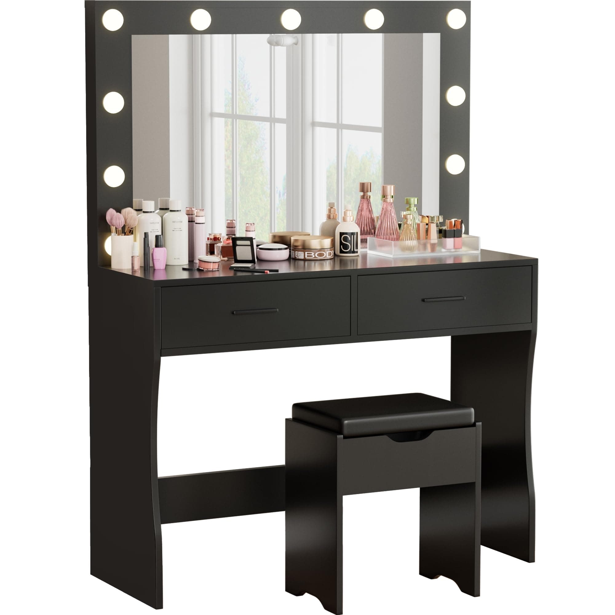 Vanity Desk Set with Large Lighted Mirror, Makeup Vanity Table with 2 Drawers, Cushioned Storage Stool, 3 Lighting Modes Brightness Adjustable, Dressing Table for Bedroom (Black)