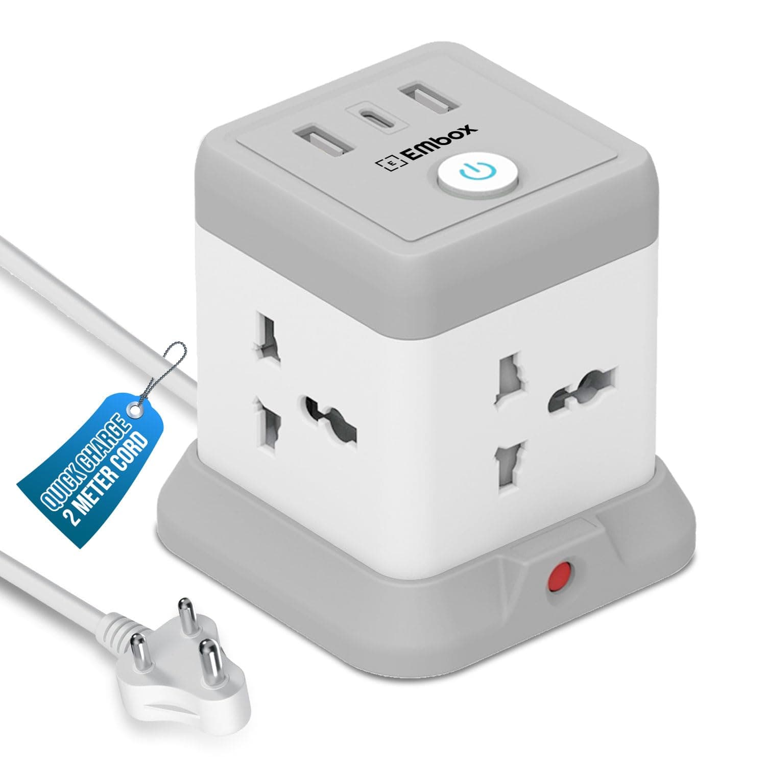 EMBOX Cube Extension Board with USB Port Universal Sockets and USB (2.4 A) (QC 3.0) Extension Board with Switches Overload Protector, Indicator, 2 mtr Extension Cord (White Cube- 2 Mtr)