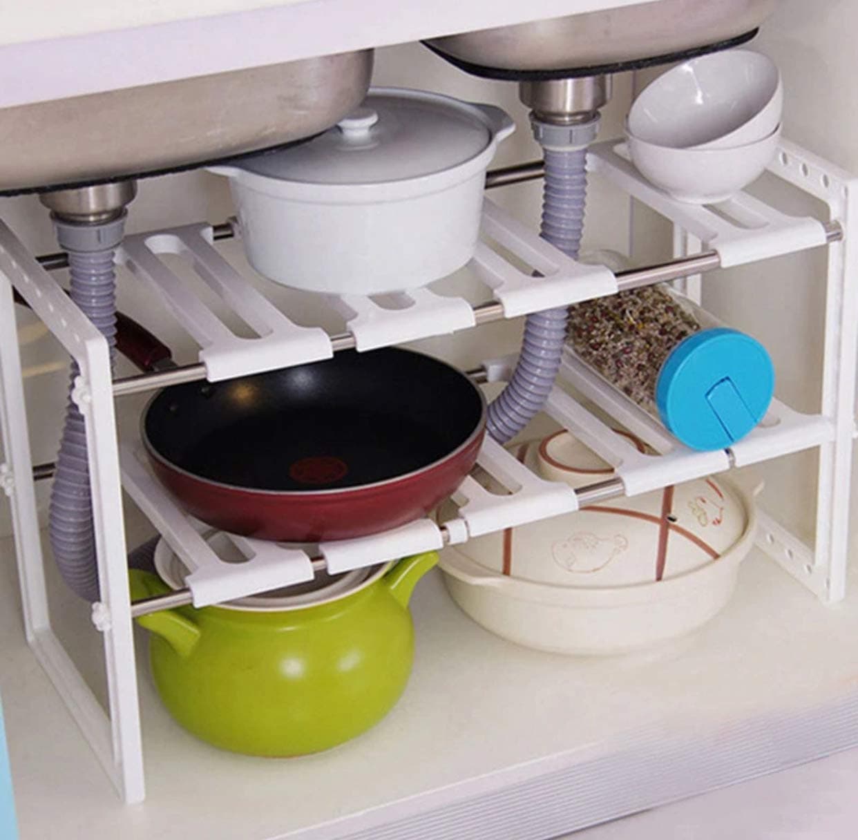 Under Sink Caddy Rack Storage Organiser Shelf Unit Adjustable Shelves Cabinet Extendable Storage Stainless Steel