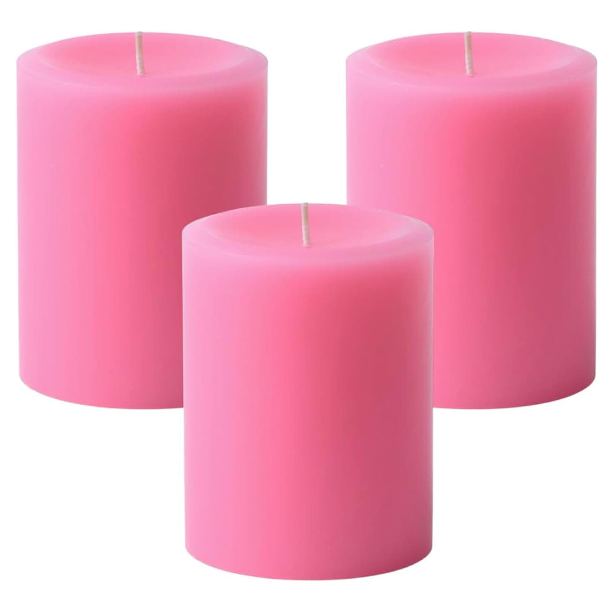 Mister Candle Dripless Unscented Pink Pillar Candles, Set of 3 Hand Poured Solid Color Non-Scented Candles for Home Decor, Premium Wax, 60 Hr Burn Time - 3x4 Inch, Pink