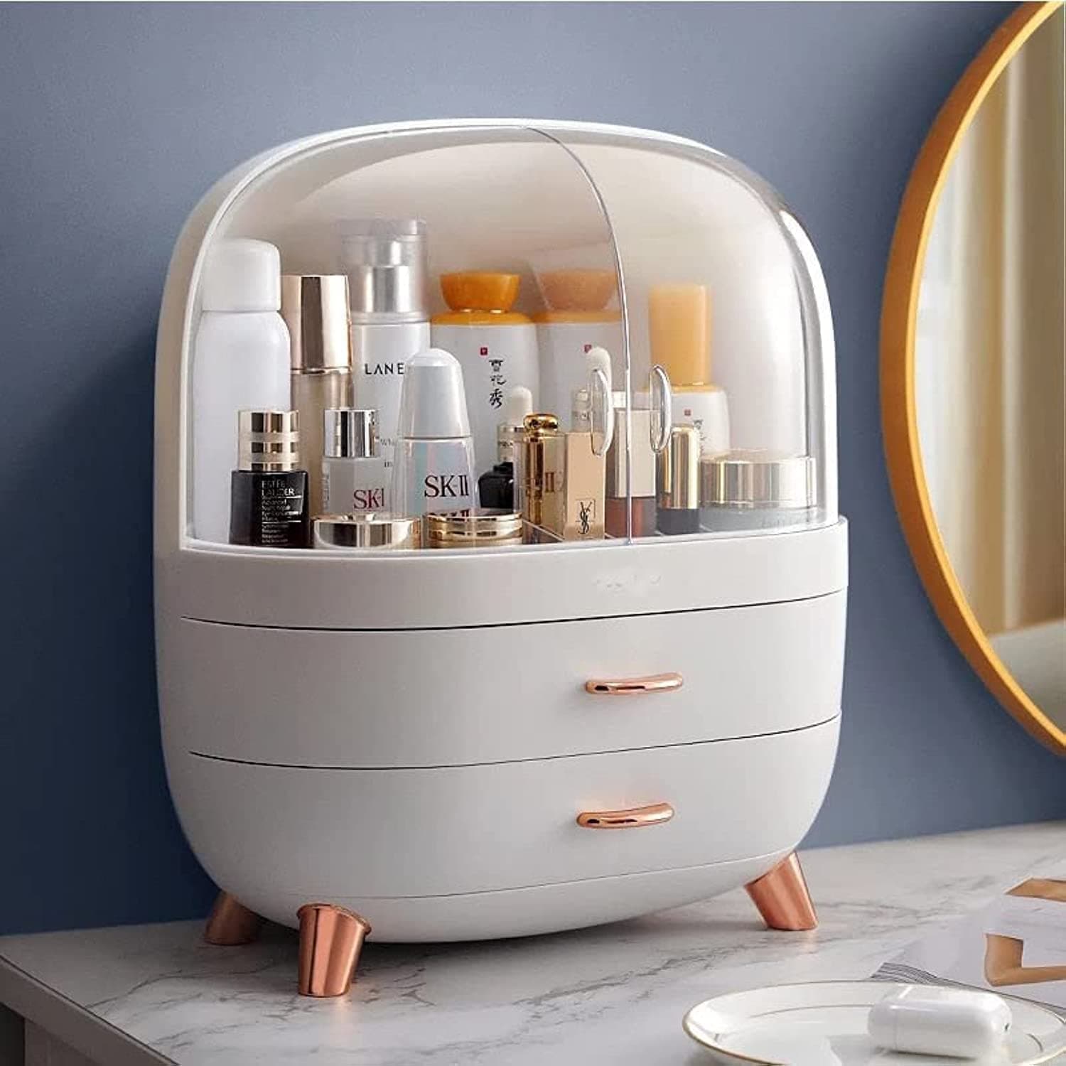 Modern Makeup Storage Organizer Box Cosmetics storage display rack with drawer,Waterproof, dustproof, elegant display cabinet,Suitable for bathroom countertop, bedroom dresser (White)