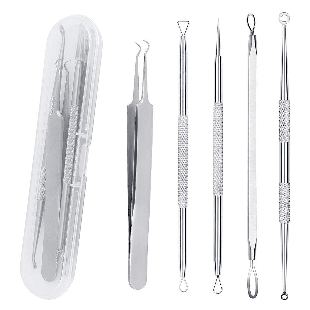 5PCS Blackhead Remover Tool Set Acne Extractor Comedone Pimples Spot and Zit Removal Tool With Case (Silver)
