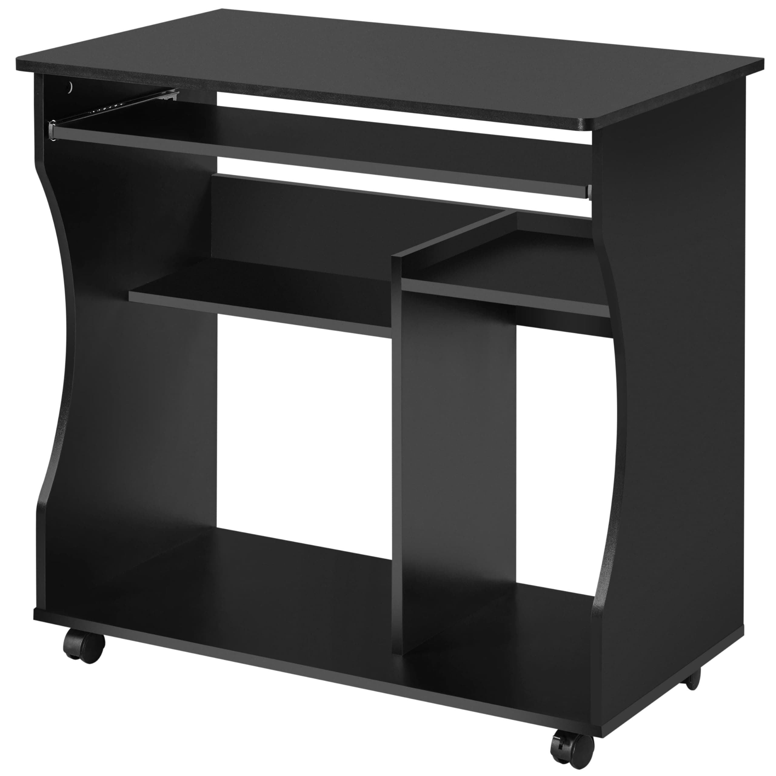 Yaheetech Movable Computer Desk with Sliding Keyboard Tray and Shelves, Home Office Desk, PC Laptop Table on Wheels, Study Desk Black