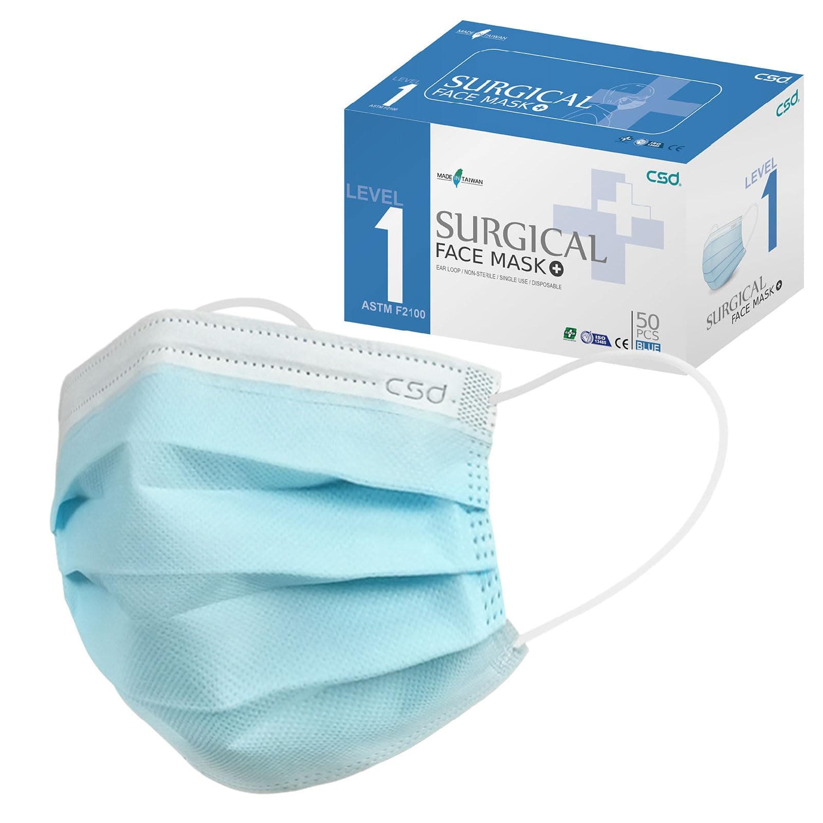 CSD Colo 50 Pcs ASTM Level 1 Disposable Face Masks, 3 Ply Adult Mask with Elastic Ear Loop, Nose Bridge Clip, Breathable Comfortable Mask Great for Indoor, Outdoors Use (Blue)
