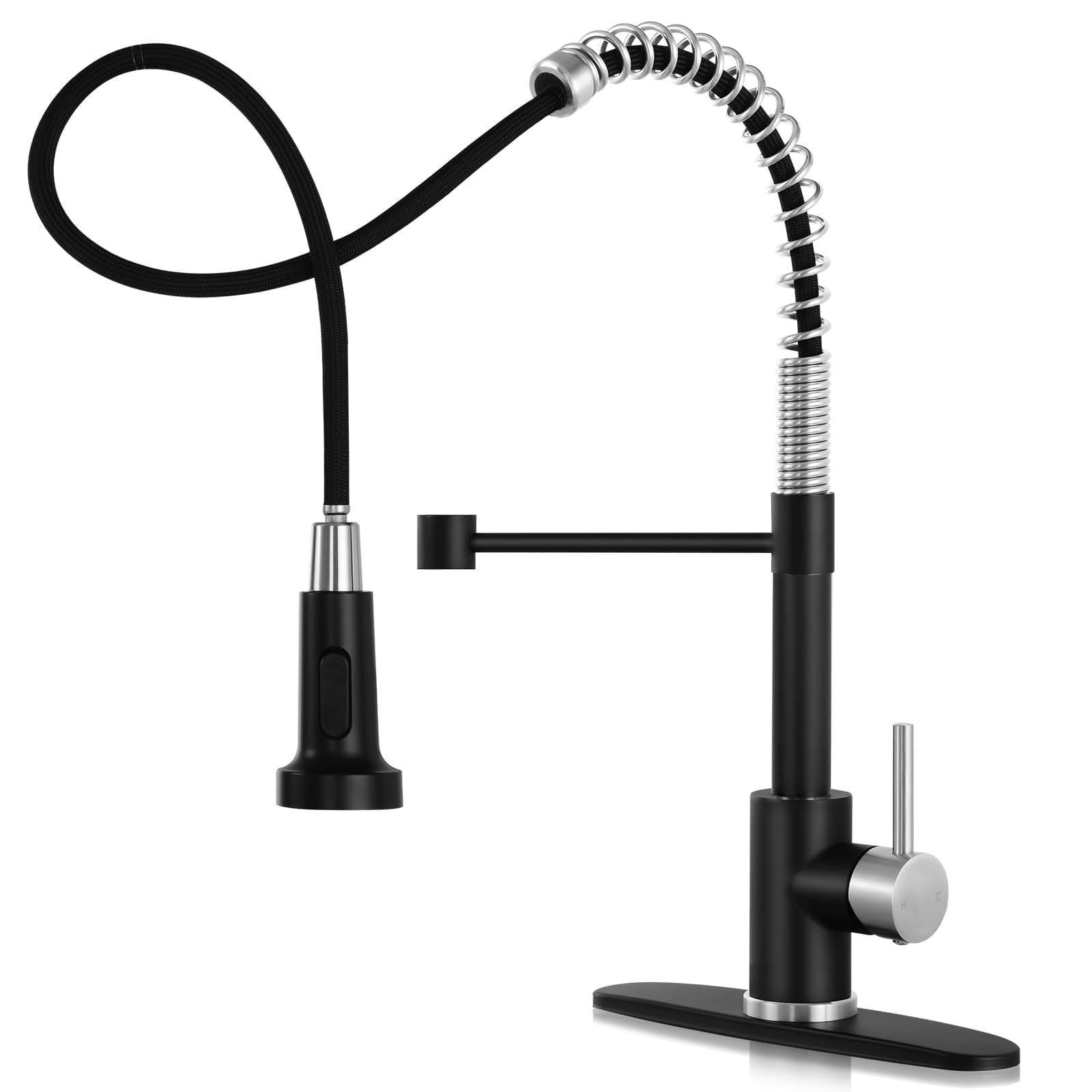 DJS Kitchen Faucets with Pull Down Sprayer Matte Black & Brushed Nickel - Single Handle 1 or 3 Holes Spring Kitchen Sink Faucet with Deck Plate for Farmhouse RV Vessel Basin