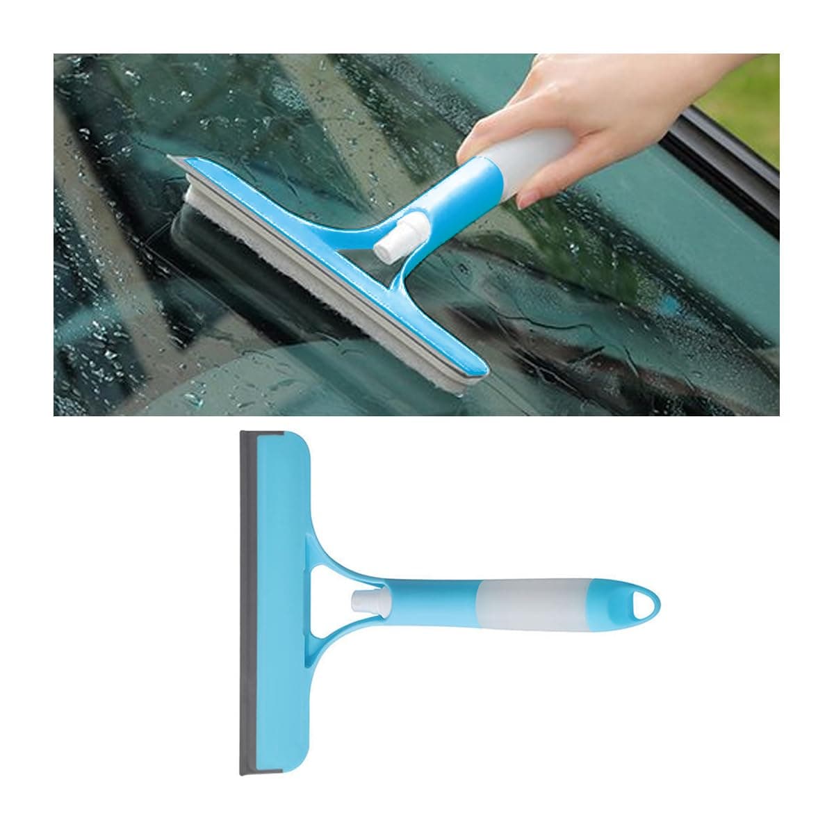 3-in-1 Window Squeegee, Window Cleaning Tool for Car Indoor Outdoor High Windows with Sponges and Spray, Multifunctional Glass Squeegee for Shower Doors, Bathroom, Window (Blue)