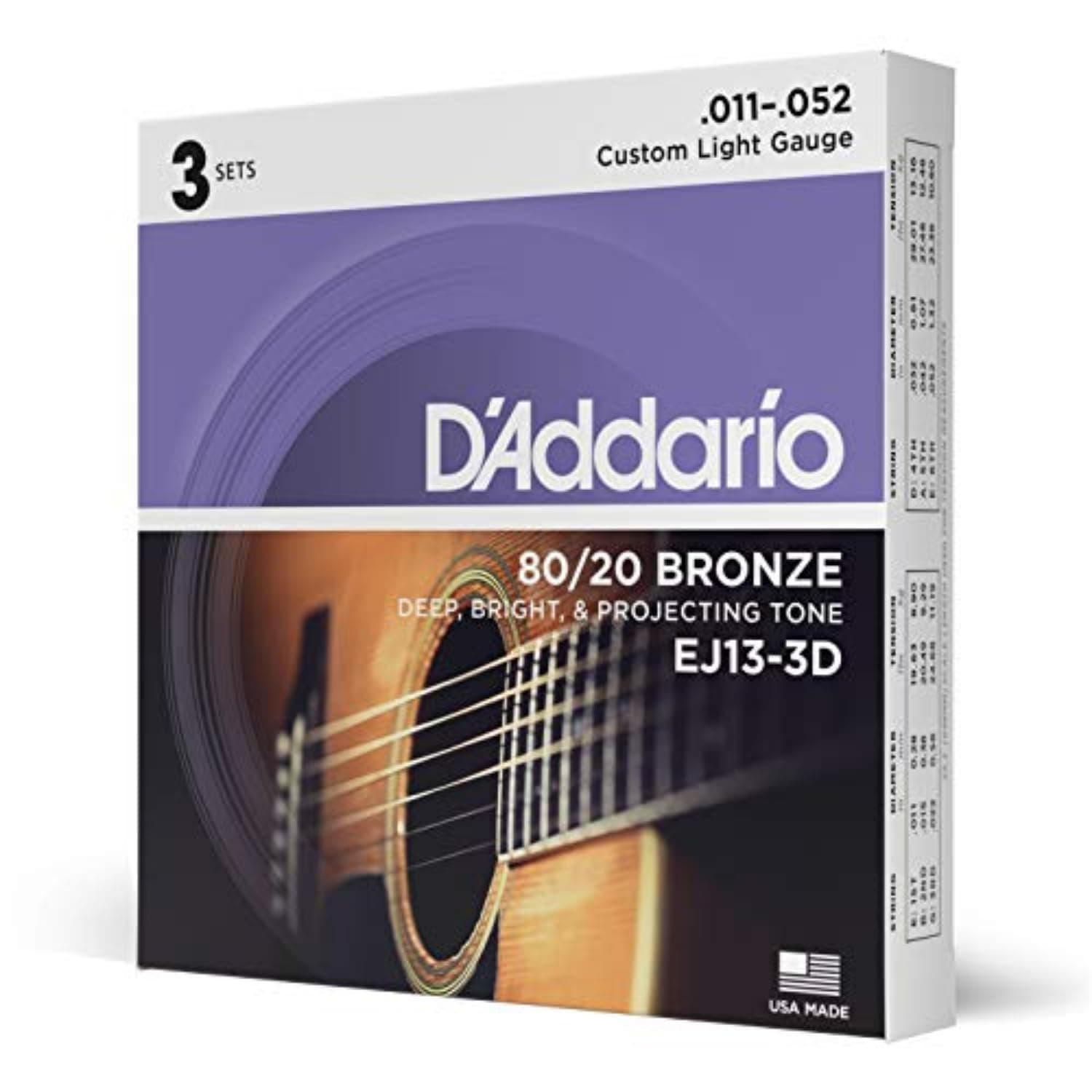 EJ13-3D Phosphor Bronze Acoustic Guitar Strings, Extra Light, 3 Sets