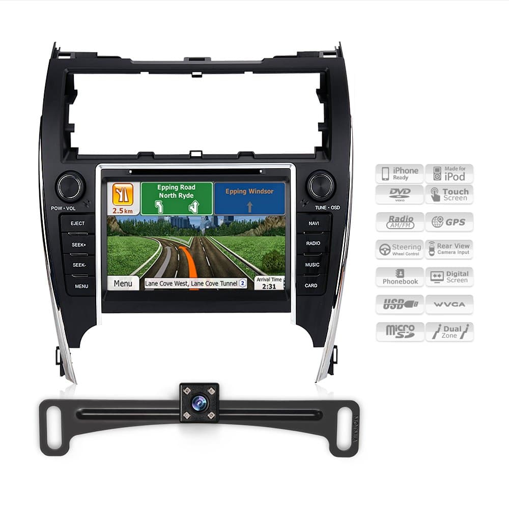 Aimtom 2012-2014 Toyota Camry Indash Bluetooth GPS Navigation Receiver Car Radio with Backup Camera 8 Inch Touch Screen Head Unit Stereo Player Mp3 CD DVD Infotainment System Copyrighted iGo Primo Map