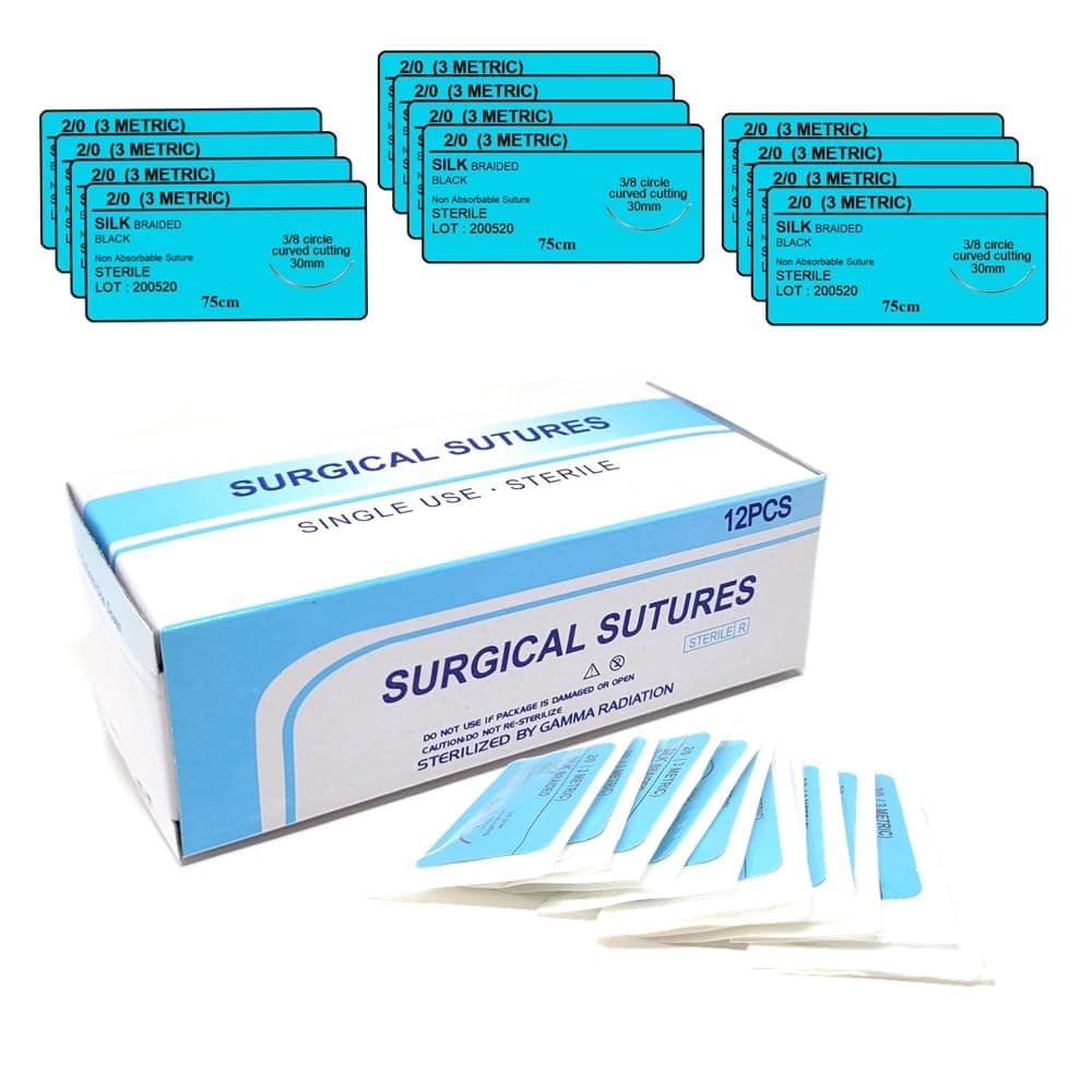 HTI Student Training Suture Thread 2-0 Silk Sterile with Needle Box of 12 Pcs