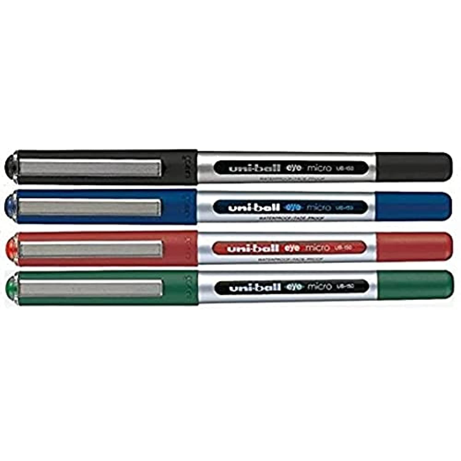 Uni-Ball UB-150 Eye Micro Liquid Ink Rollerball Pen 4-Pack, 0.5 mm Tip Size, Black/Blue/Green/Red