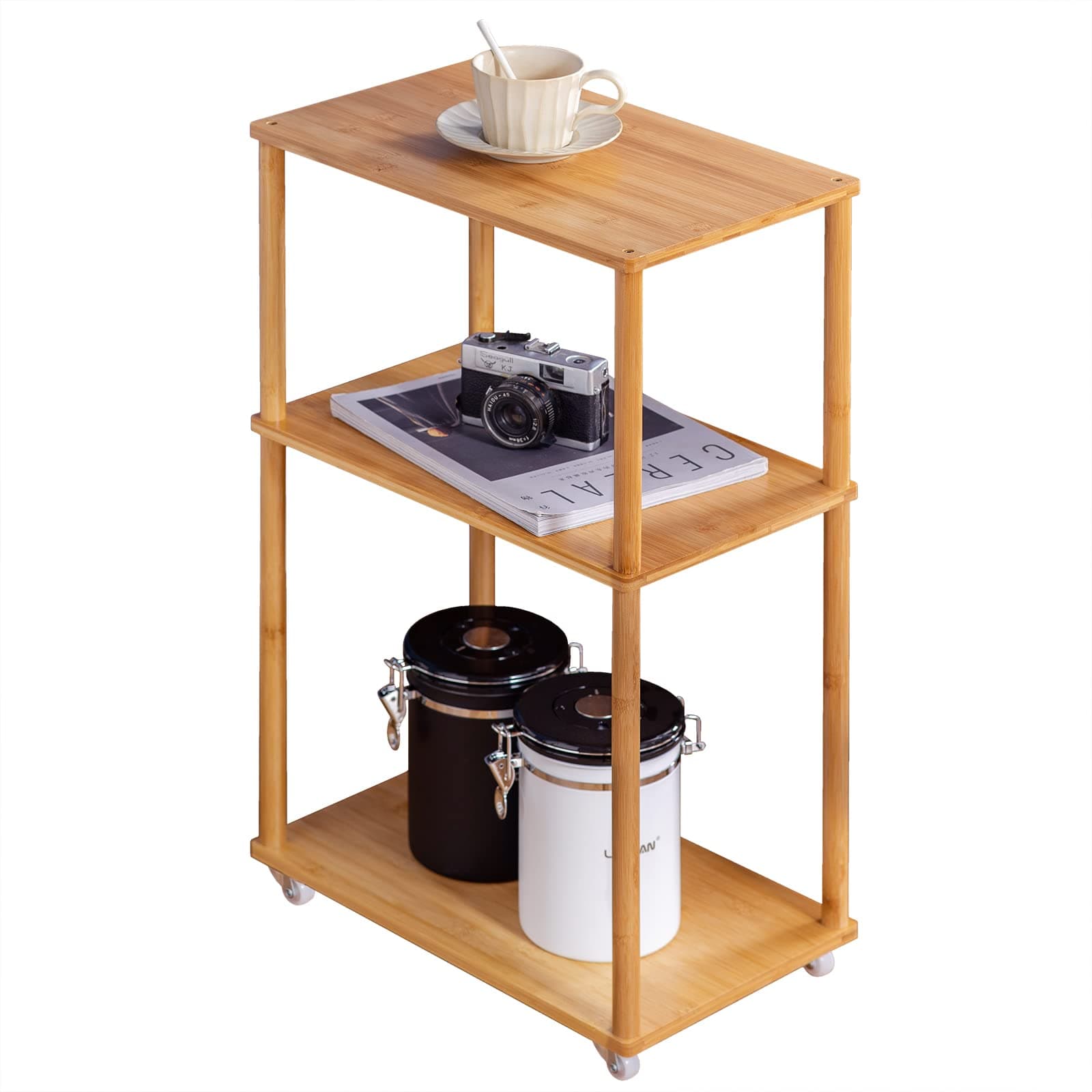 Bamboo Rolling Nightstand End Table - 3-Tier Side Table with Modern Design for Home, Bedroom, Office, and Dorm - Versatile Bedside Furniture and Accent End Table Chest