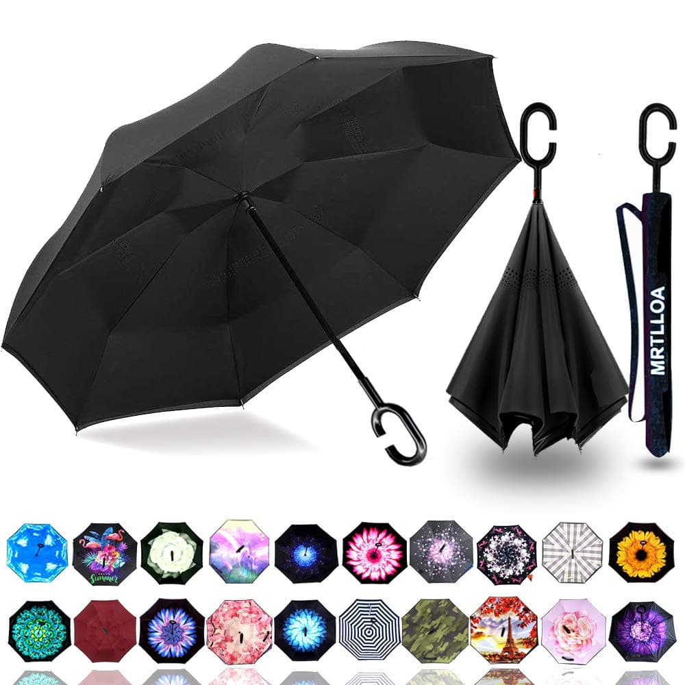 40/49/56 Inch Oversize Windproof Inverted Reverse Upside Down Umbrella, Golf Size Rain Umbrella, Double Layer, C-Shaped Handle for Men, Women and Kids