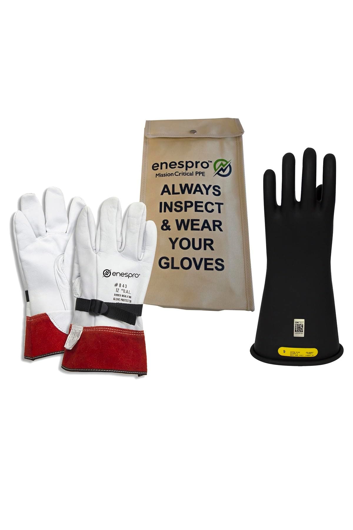Enespro Class 2 Black Rubber Voltage Insulating Glove Kit with Leather Protectors, Max. Use Voltage 17,000V AC/ 25,500V DC (KITGC2B08)