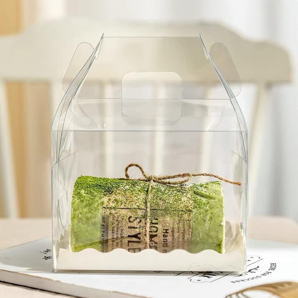 10Pcs Roll Cake Boxes Clear Swiss Cake Carrier Container Cupcake Packing Box Hot Dog Muffin Sanwich Plastic Container with Handle Transparent Bakery Storage Holder Dessert Holder