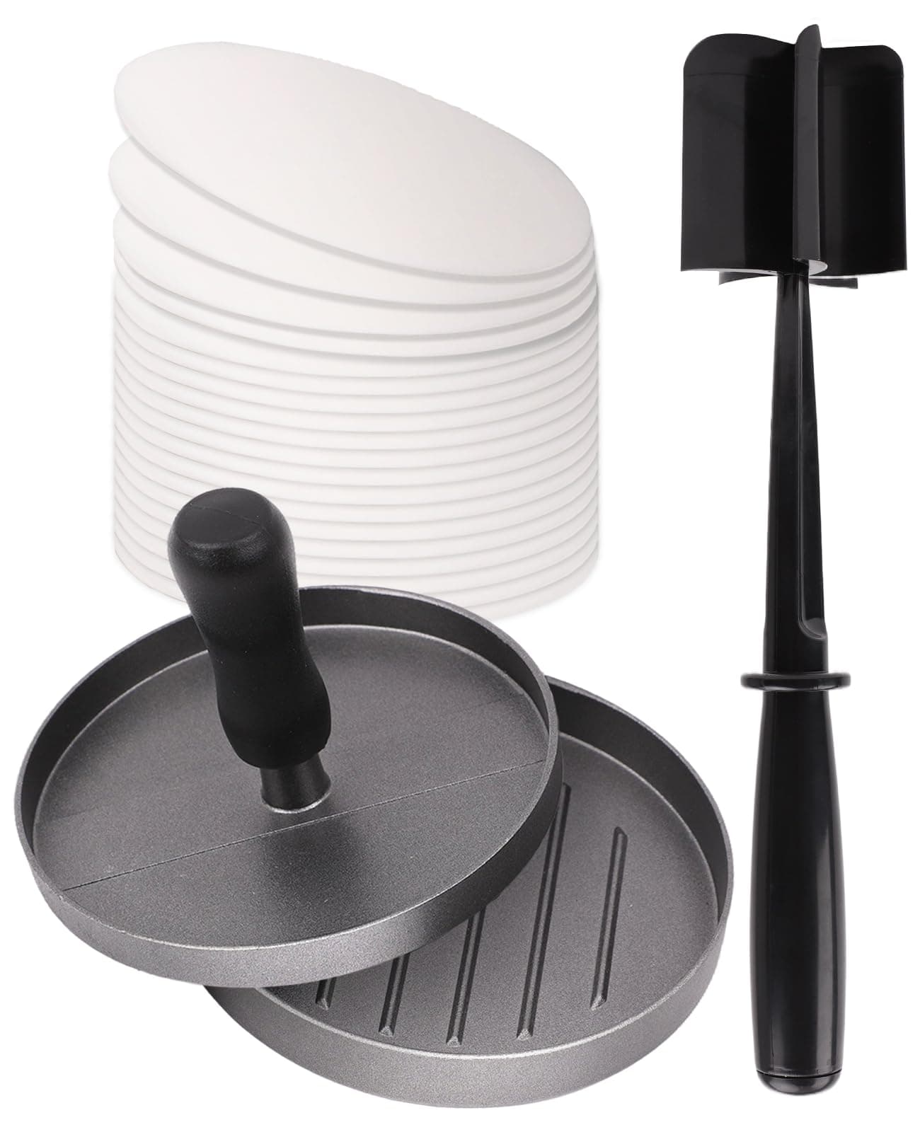 LOGJAM Hamburger Press Patty Maker Set, Heat Resistant Ground Beef Chopper Tool, Nylon Mix Meat Masher, Non-Stick Burger Patty Maker with 100 Patty Papers