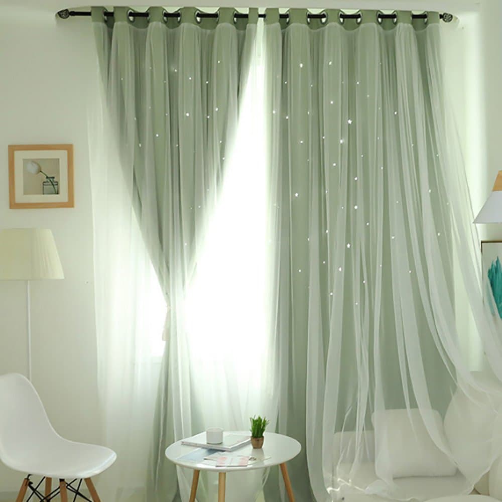 Mumustar 1 Panel Double-Deck Starry Crystal Blackout Voile Curtains Pencil Pleat 40'' Width X 78'' Drop For Bedroom Living Room Long Tulle Window Curtain Panel Sheer Drapes Shaded Window (Green)