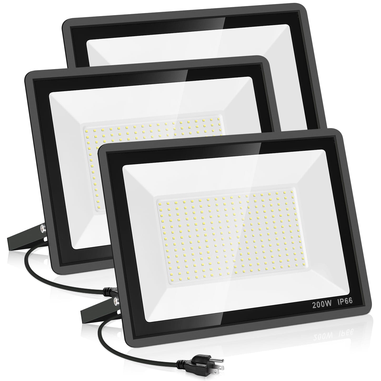 YANYCN 3 Pack 200W LED Flood Light,Super Bright Exterior Security Lights With Plug,IP66 Waterproof Outdoor Flood Light, 22800lm 5000K Daylight White Floodlight for Yard, Garden,Basketball Court, Arena