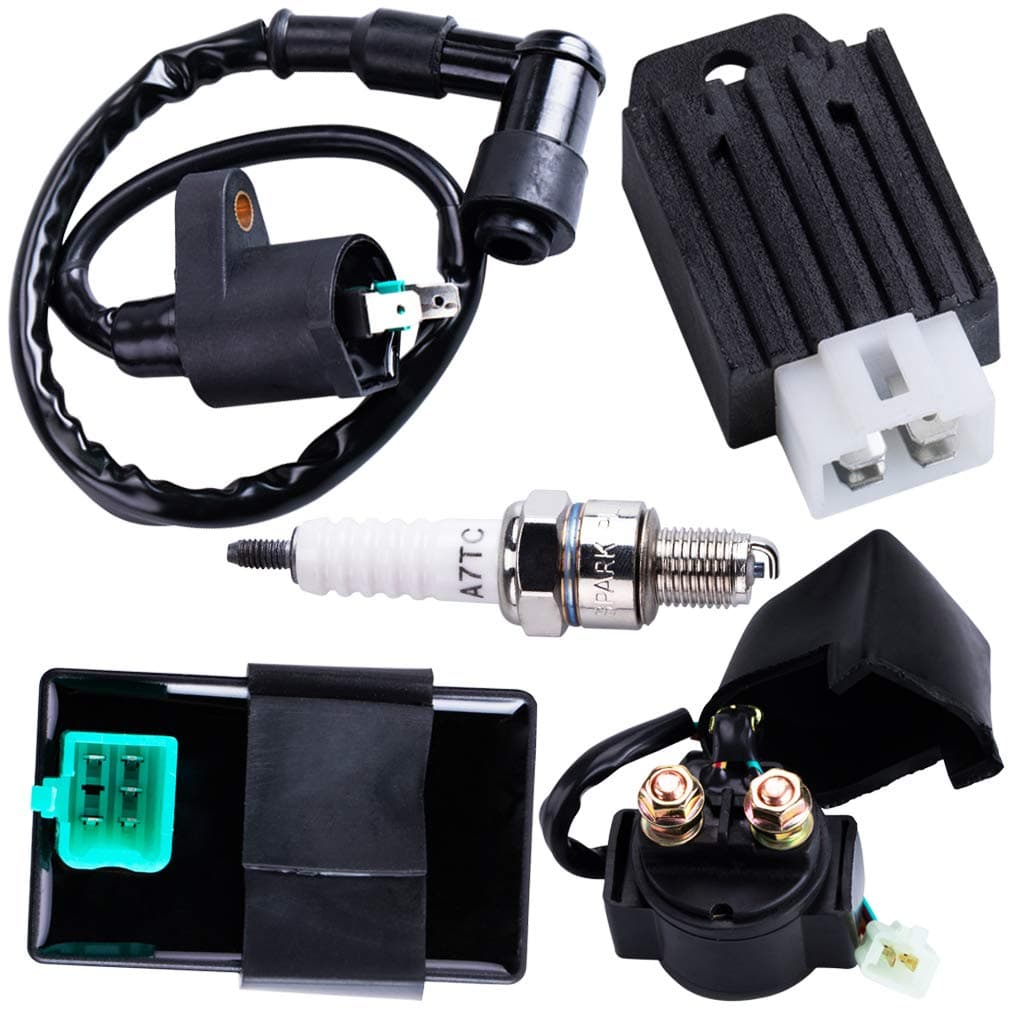 CDI Box Ignition Coil Solenoid Relay Voltage Regulator with Spark Plug Set of Five(5) for 50cc 70cc 90cc 110cc 125cc ATV Dirt Bike and Go Kart