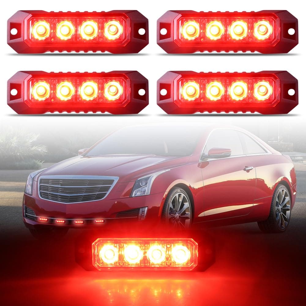 4-LED Surface Mount Strobe Lights for Trucks Car Vehicle Mini Grille Flashing Light Head Emergency Hazard Warning Grill Lamp Ultra Slim 4pcs Sync Feature (Red)