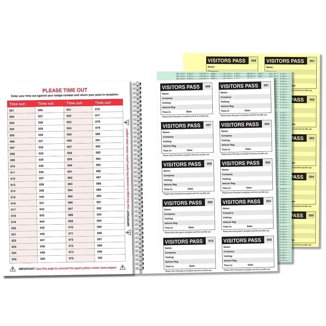V Safety Professional Visitor Book Refill with 100 Badge Inserts (90 x 60mm) - GDPR Compliant Sign-in System for Reception Areas - 10 Passes per Page with Health & Safety Information