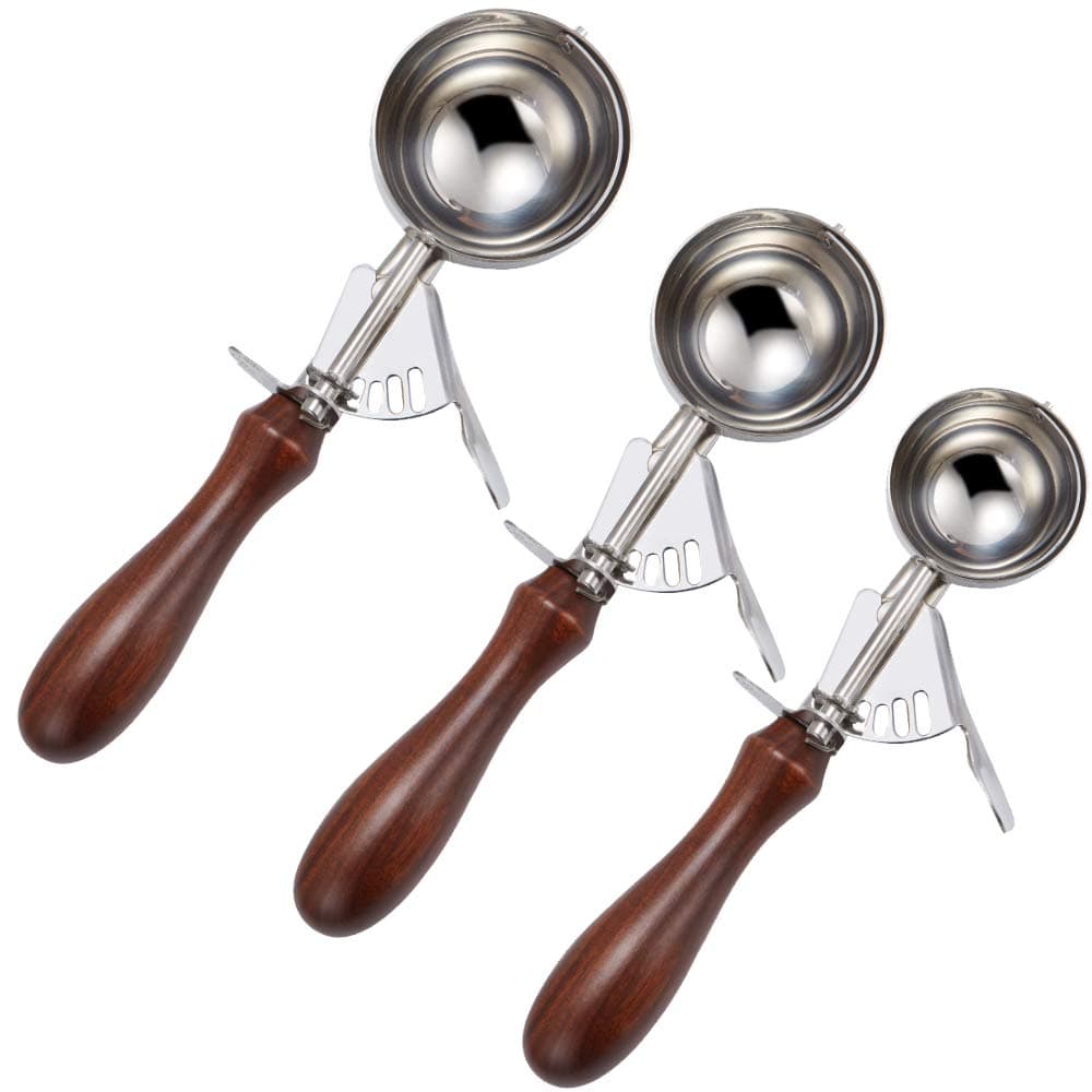 Saebye Cookie Scoop Set. 3 Pcs Wooden Handle Cookie Scoops, Professional Cookie Dough Scoop Include Large-Medium-Small Size, for Cookie Muffin Cupcake Pancake Waffle Meatball