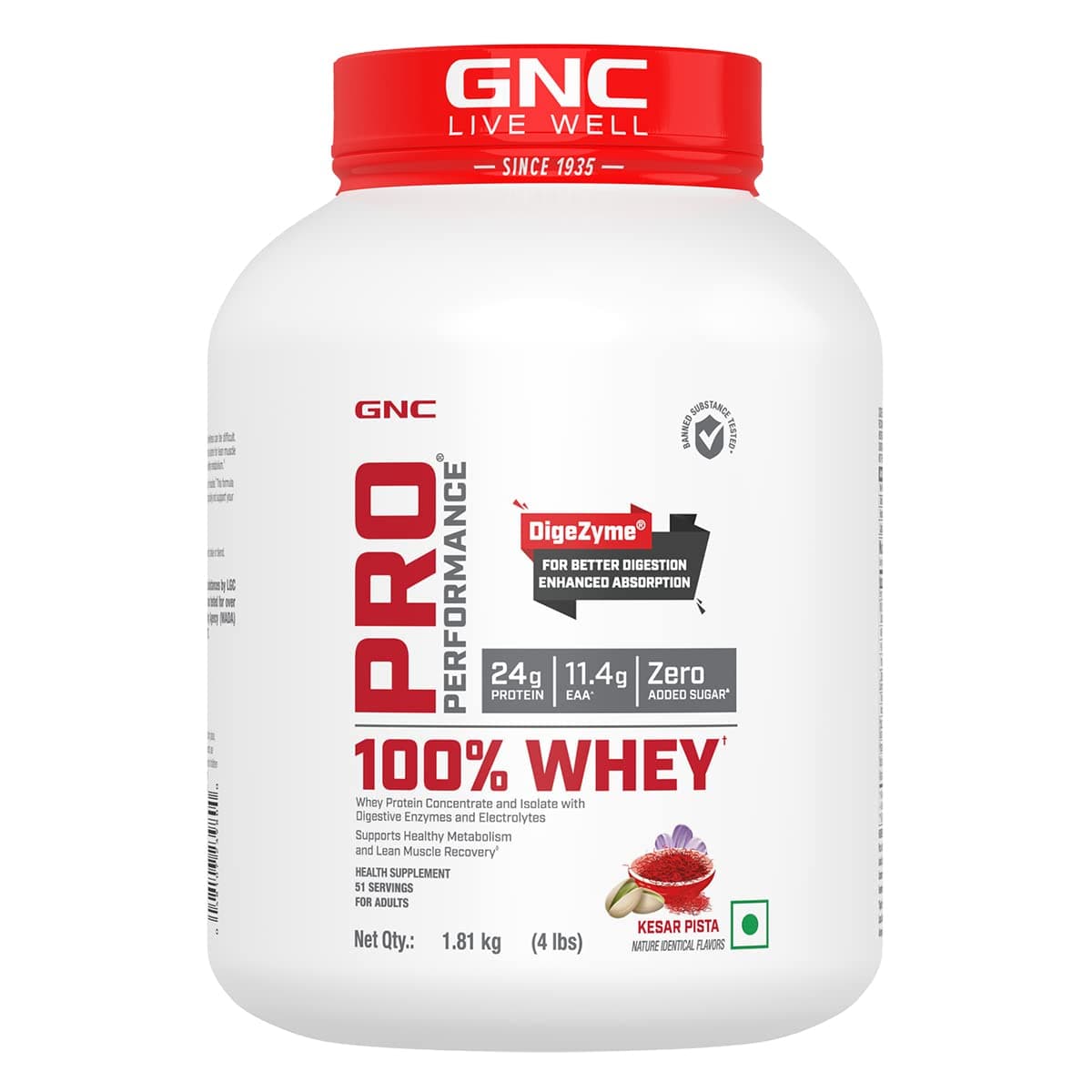 GNC Pro Performance 100% Whey Protein | 4 lbs | Muscle Growth | Muscle Recovery | DigeZyme® For Easy Digestion | Informed Choice Certified | 24g Protein | 5.5g BCAA | Kesar Pista