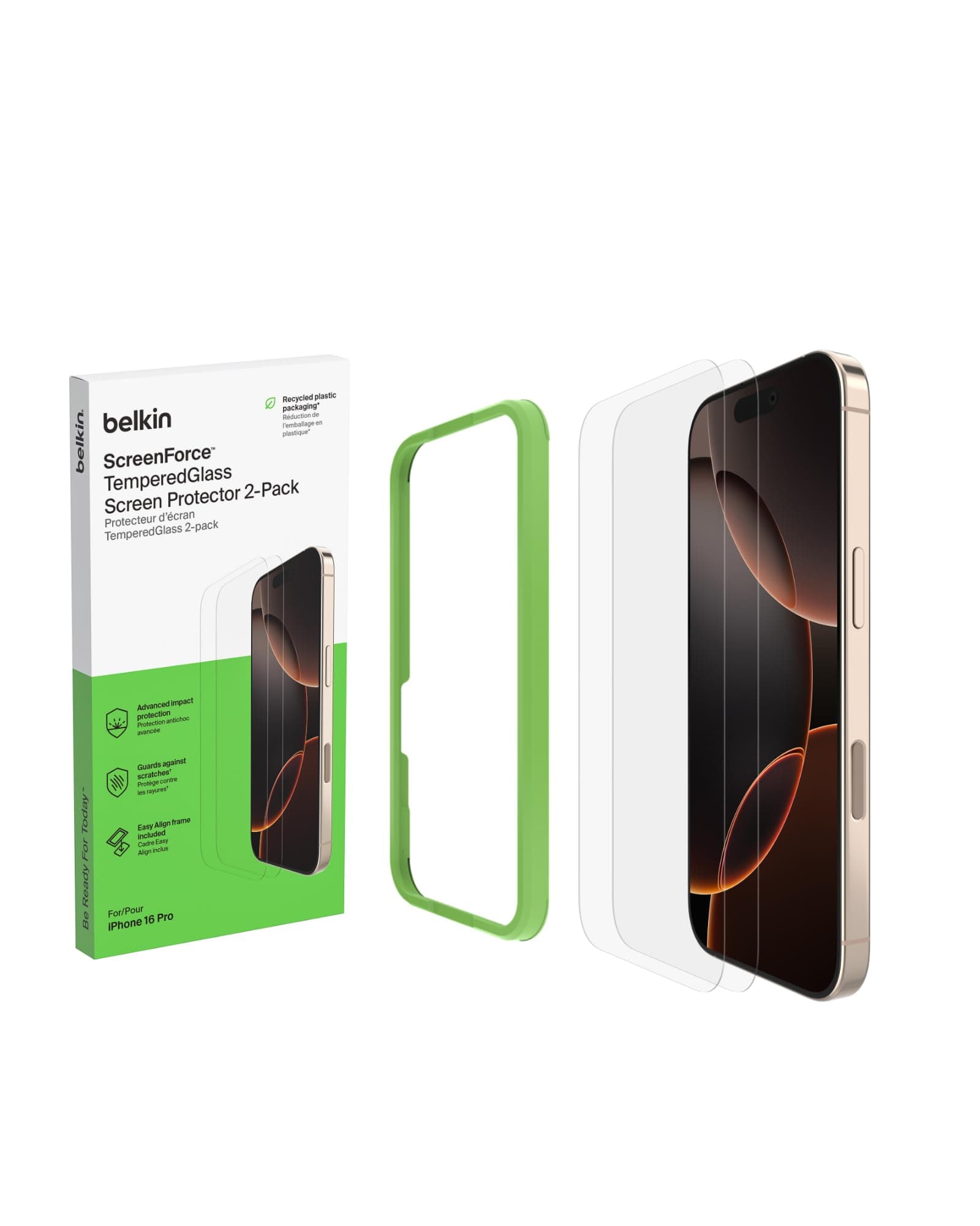 ScreenForce TemperedGlass Treated Screen Protector for iPhone 16 Pro - Slim & Scratch-Resistant - Includes Easy Align Frame for Bubble Free Application - 2-Pack
