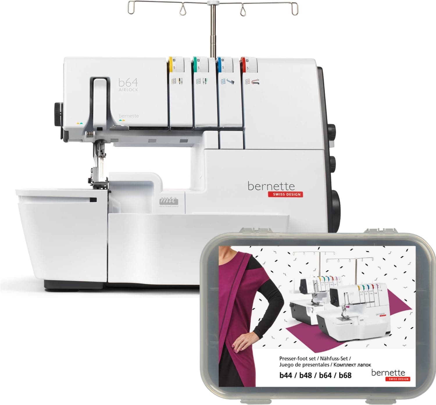 Bernette B64 Airlock Serger Overlocker with Air Threading | 1300SPM, 16 Stitches, Free Arm, LED Light, Free Hand System | 6 Overlock Foot Kit Extension Table