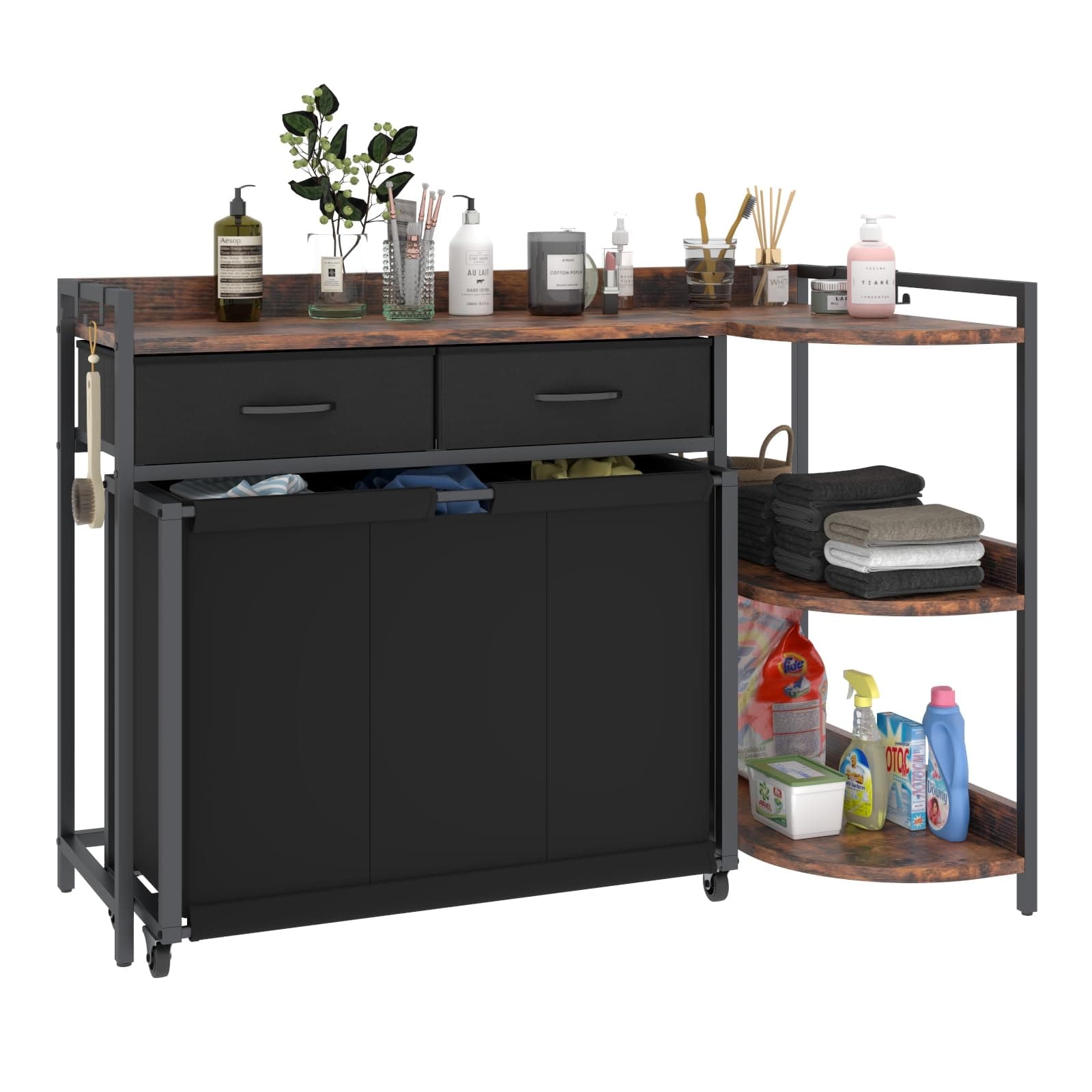 L Shaped Laundry Hamper Laundry Basket with 3 Section Pull-Out Rolling Bags & 3-Tier Storage Shelf, Laundry Sorter for Organization and Storage with 2 Drawers for Laundry Room