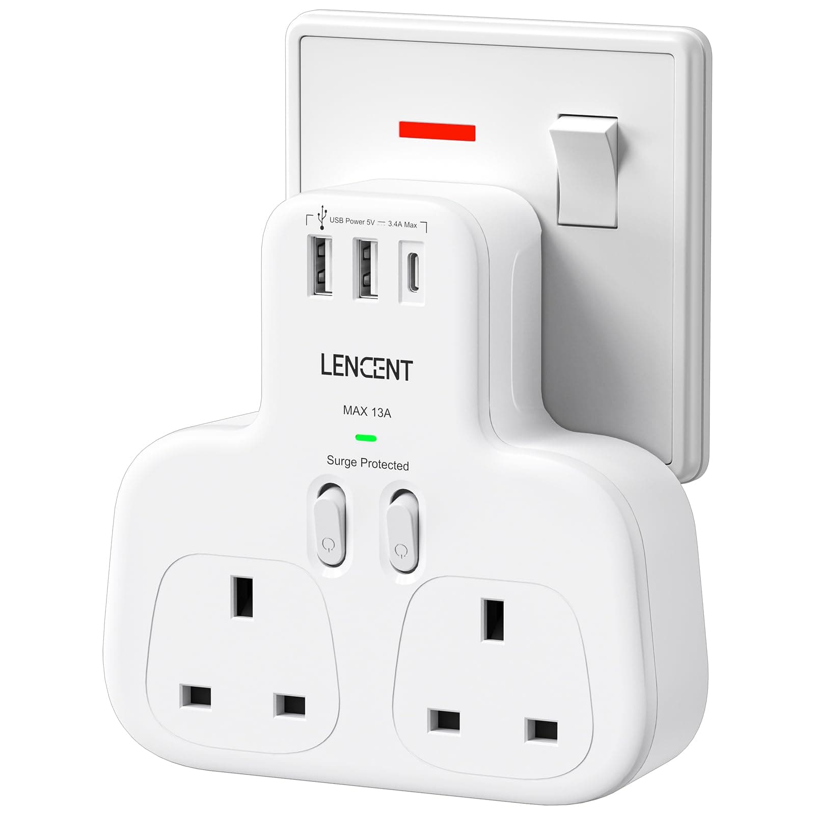 LENCENT Double Plug Adaptor with 1 USB C and 2 USB Ports, Surge Protected Multi Plug Extension Socket, 2 Way Wall Plug Extender for Household Appliances, iPhone, Smartphones, Tablets, 13A 3250W